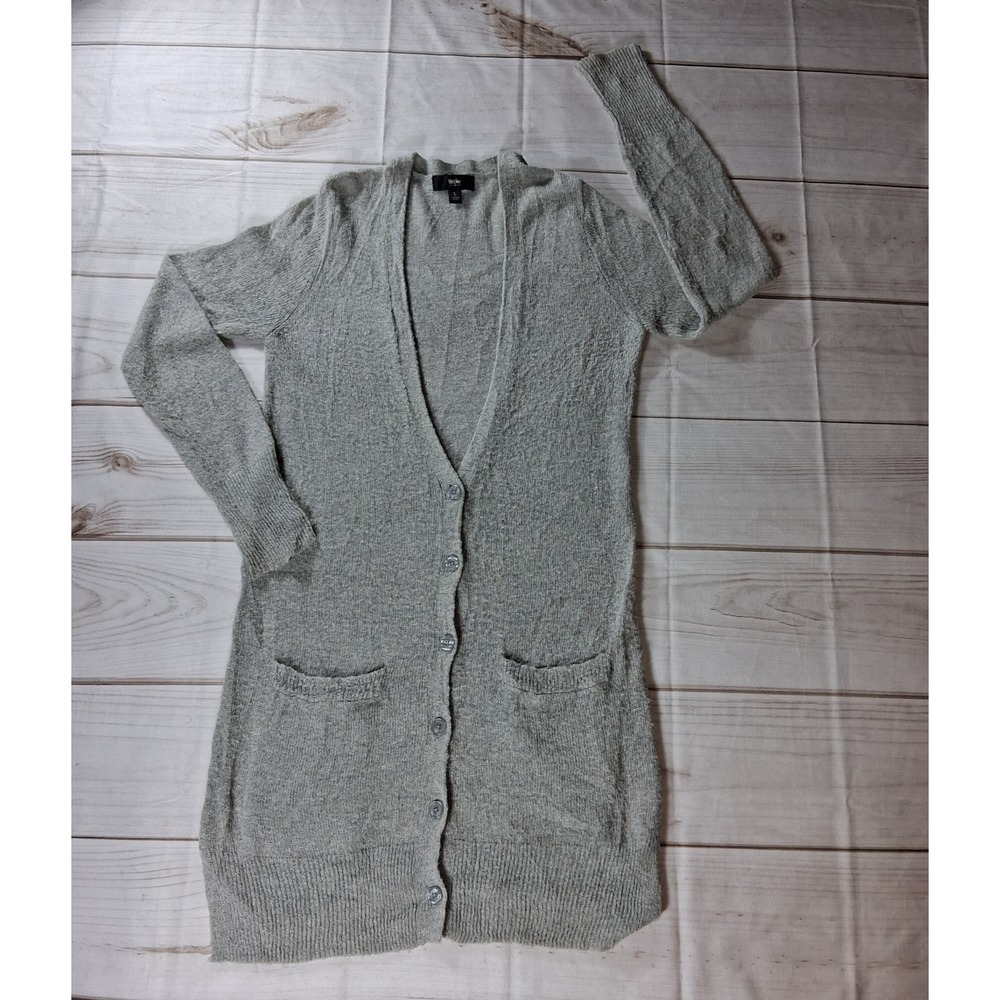 Mossimo Womens Long Cardigan Sweater L Gray V-Neck Duster Pockets Boucle Knit